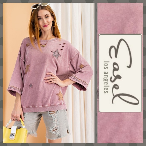 easel Tops - Easel Patchwork Mineral Wash Lightweight Knit Top